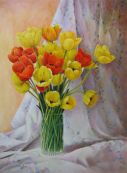 Named contemporary work « Tulipes sur drapé », Made by ALICE DENAT-BOURGADE