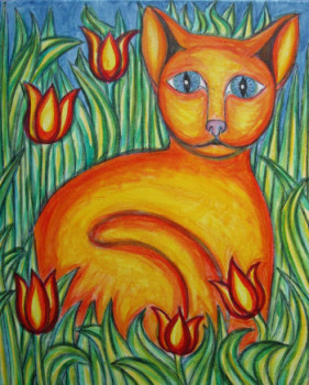 Named contemporary work « Chat et tulipes », Made by STEPHANE CUNY