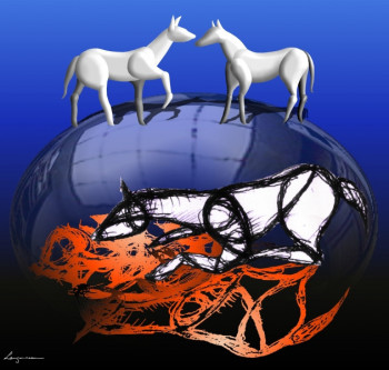 Named contemporary work « Chevaux blancs sur bulle », Made by GILLES LANGOUREAU