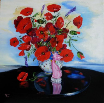 Named contemporary work « Coquelicots au chat de Venise », Made by SYLVIANE PETIT