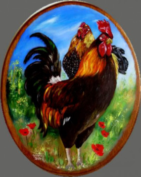 Named contemporary work « Coq fier et sa poule », Made by SYLVIANE PETIT