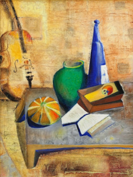 Named contemporary work « Still life with violine and melon », Made by EFS