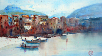 Named contemporary work « Barques sur la plage de Cefalù », Made by ANDRé MéHU