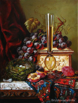 Named contemporary work « Still life with a nest, grapes, glass of wine and a bird's feather. », Made by BIRYUKOVA LYUDMILA