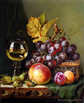 Named contemporary work « Still life with peaches, a glass of wine, boxes and a bunch of grapes. », Made by BIRYUKOVA LYUDMILA