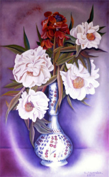 Named contemporary work « Les paéonias blanches et giroflées au vase D'IZNIK », Made by ABERNARDO