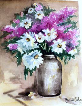 Named contemporary work « Marguerites et lilas », Made by GENEVIEVE S.