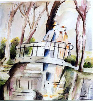 Named contemporary work « promeneurs sur le pont », Made by GENEVIEVE S.