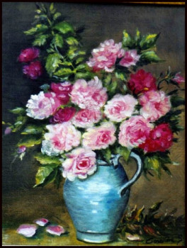 Named contemporary work « Roses au vase bleu », Made by GENEVIEVE S.