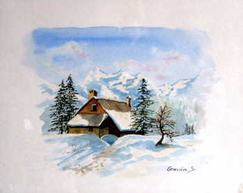 Named contemporary work « chalet isolé dans le grand blanc », Made by GENEVIEVE S.