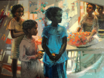 Named contemporary work « trois petites filles en fin de marché 1989 », Made by MICHEL CLOS