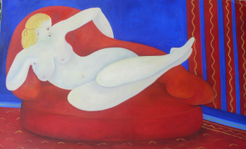 Named contemporary work « nu blanc sur banquette rouge », Made by FRANçOISE COEURET