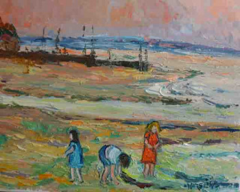 Named contemporary work « enfants sur la plage », Made by MICHEL HAMELIN