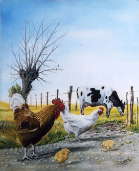 Named contemporary work « Poule et coq », Made by CHRISTIAN LABELLE