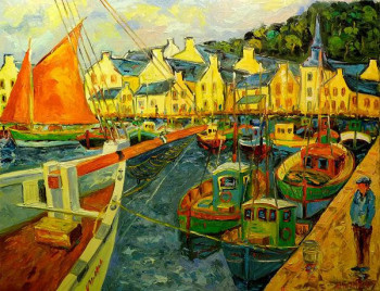 Named contemporary work « petit matin au port », Made by BERNARD NICOLAS