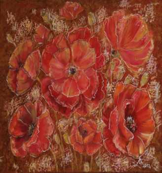 Named contemporary work « Coquelicots rouge et or », Made by LIUBOV