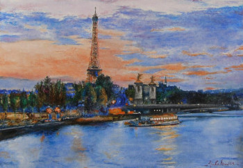 Named contemporary work « Paris, La Seine et La tour Eiffel, nocturne », Made by JEAN-LUC CELCE