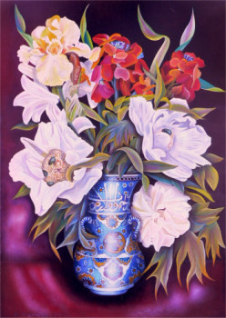 Named contemporary work « Les paéonias blanches au vase d'IZNIK calligraphié », Made by ABERNARDO