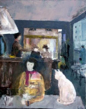 Named contemporary work « Le café du chat blanc », Made by GUILLOU