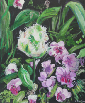 Named contemporary work « fleurs blanches et violettes », Made by MIREILLE BREGOU