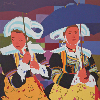 Named contemporary work « Femmes aux parapluies », Made by DANIELL