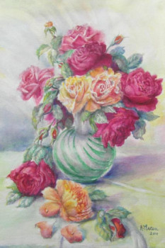 Named contemporary work « Roses au vase vert », Made by AMALIA MEREU