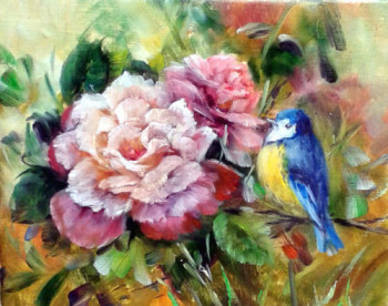 Named contemporary work « Les roses et l'oiseau », Made by CHRISPAINT FLOWERS