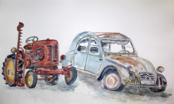 Named contemporary work « tracteur et 2CV », Made by BARTLET-DROUZY