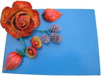 Named contemporary work « BOITE EN BOIS BLEU ET FRUITS DE LA NATURE », Made by AMELIE AMELOT