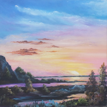 Named contemporary work « Coucher de soleil sur les étangs », Made by KRYSTEL