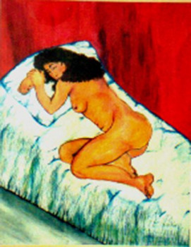 Named contemporary work « « Nue sur lit »  Nude in bed .  Peinture », Made by MITRA SHAHKAR