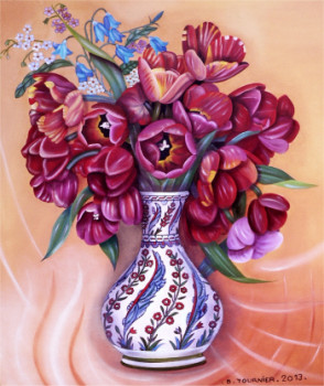 Named contemporary work « Les tulipes rouges au vase d'IZNIK », Made by ABERNARDO