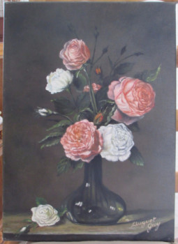 Named contemporary work « Roses au vase noir », Made by GUY AUGUET