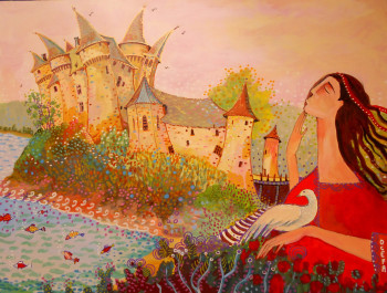 Named contemporary work « La Dame du Lac - Chateau de Val. », Made by OCEFA EN ART NAIF -