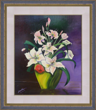 Named contemporary work « Bouquet de lys sur fond aux teintes violet & vert », Made by BOUTIN