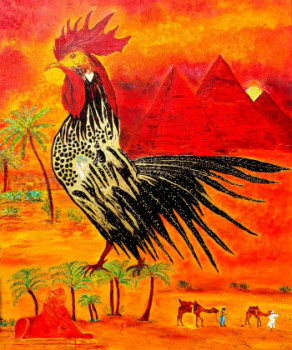 Named contemporary work « LE COQ ROI AU PIED DES PYRAMIDES », Made by MARIE-FRANCE BUSSET