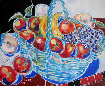 Named contemporary work « Panier pommes et raisins noirs », Made by DELALEUF