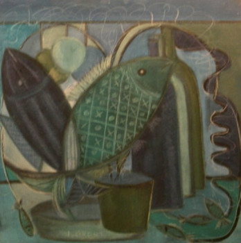 Named contemporary work « Poissons et Bouteilles 1 », Made by JACQUELINE GROUT