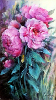 Named contemporary work « Deux pivoines roses », Made by CHRISPAINT FLOWERS