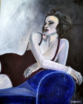 Named contemporary work « FEMME AU CANAPE BLEU », Made by NATHALIE VAREILLE SORBAC