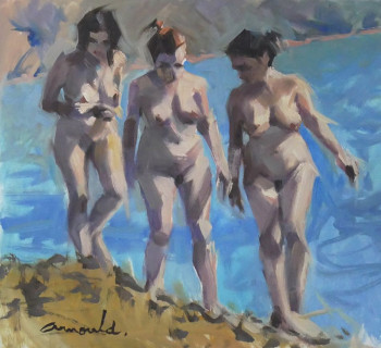 Named contemporary work « Trois naturistes à la plage (huile sur papier 46 x 38) », Made by ARNOULD   -