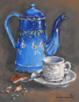 Named contemporary work « Vieille cafetière bleue (huile sur carton 35 x 27).jpg », Made by ARNOULD   -