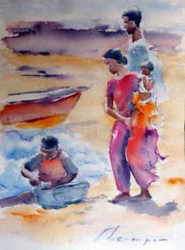 Named contemporary work « Plage des pêcheurs à Mamallapuram_1 », Made by LECAMPION FRANçOISE