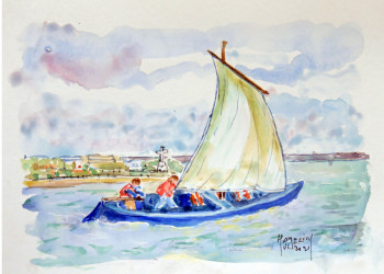 Named contemporary work « Pinassote à voile devant la croix des marins », Made by MICHEL HAMELIN