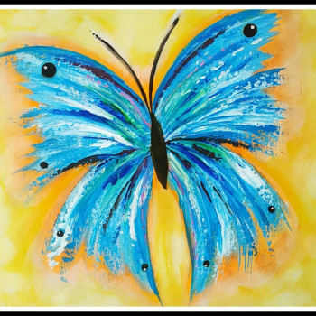 Named contemporary work « blue butterfly », Made by EVASION SUR LA TOILE