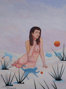 Named contemporary work « La femme aux chats bleus », Made by MICHEL BOETTCHER