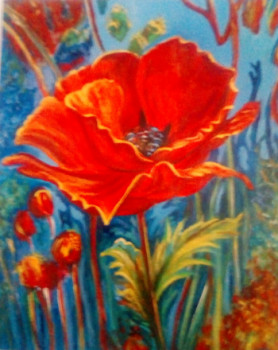 Named contemporary work « Coquelicot sur fond d'azur », Made by PIERRE-YVES QUEMENER