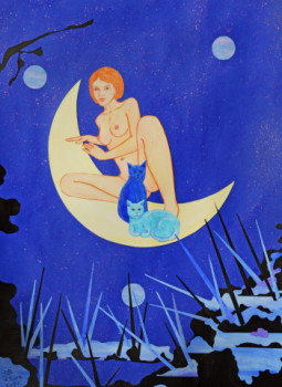 Named contemporary work « "Athécia et ses chats sur un croissant de lune" », Made by MICHEL BOETTCHER