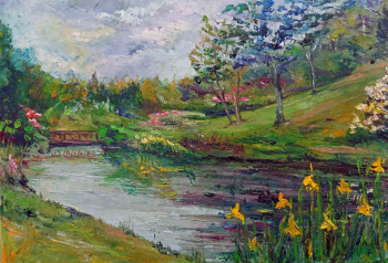 Named contemporary work « Brest le jardin conservatoire les iris jaune et rhodos lodéri », Made by MICHEL HAMELIN