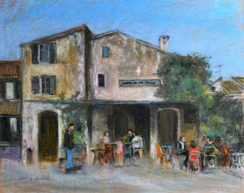 Named contemporary work « café de la place à Eygalières », Made by CORINNE QUIBEL